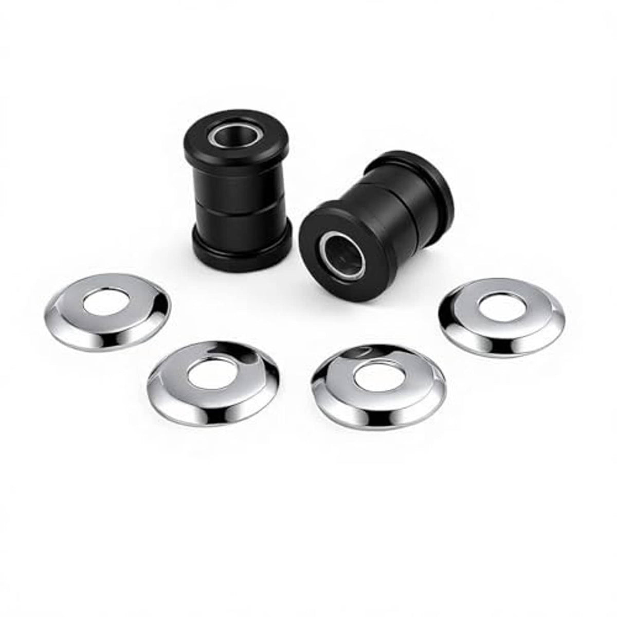 Motorcycle handlebar riser bushings kit: black dampers with mounting holes and chrome washers.