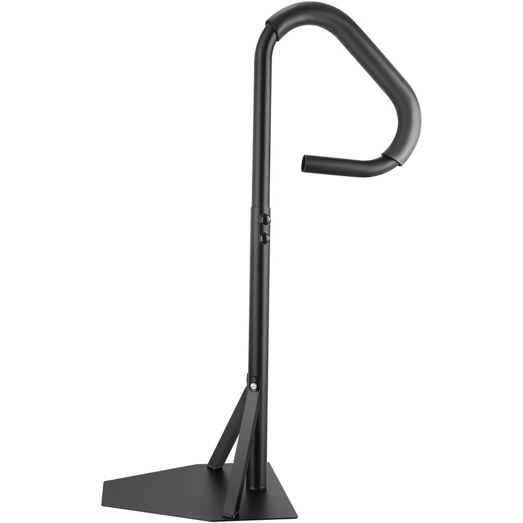 Black hot tub handrail with curved U-shaped grip and triangular base stand