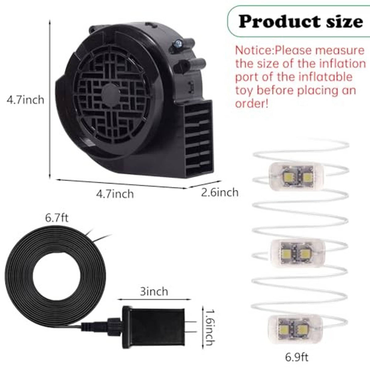 Compact 12V blower with round fan housing and coiled air tube, side view