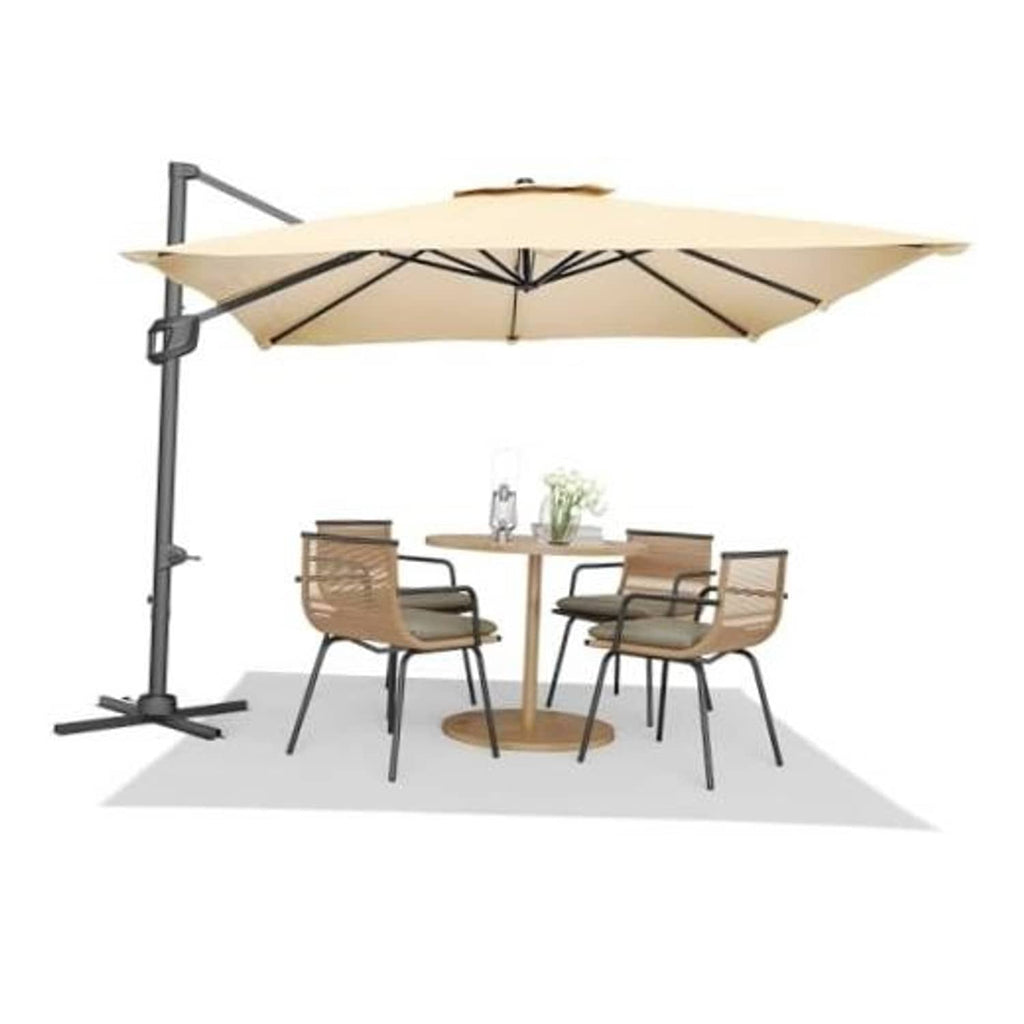 Beige cantilever patio rectangle umbrella with open canopy and black support ribs