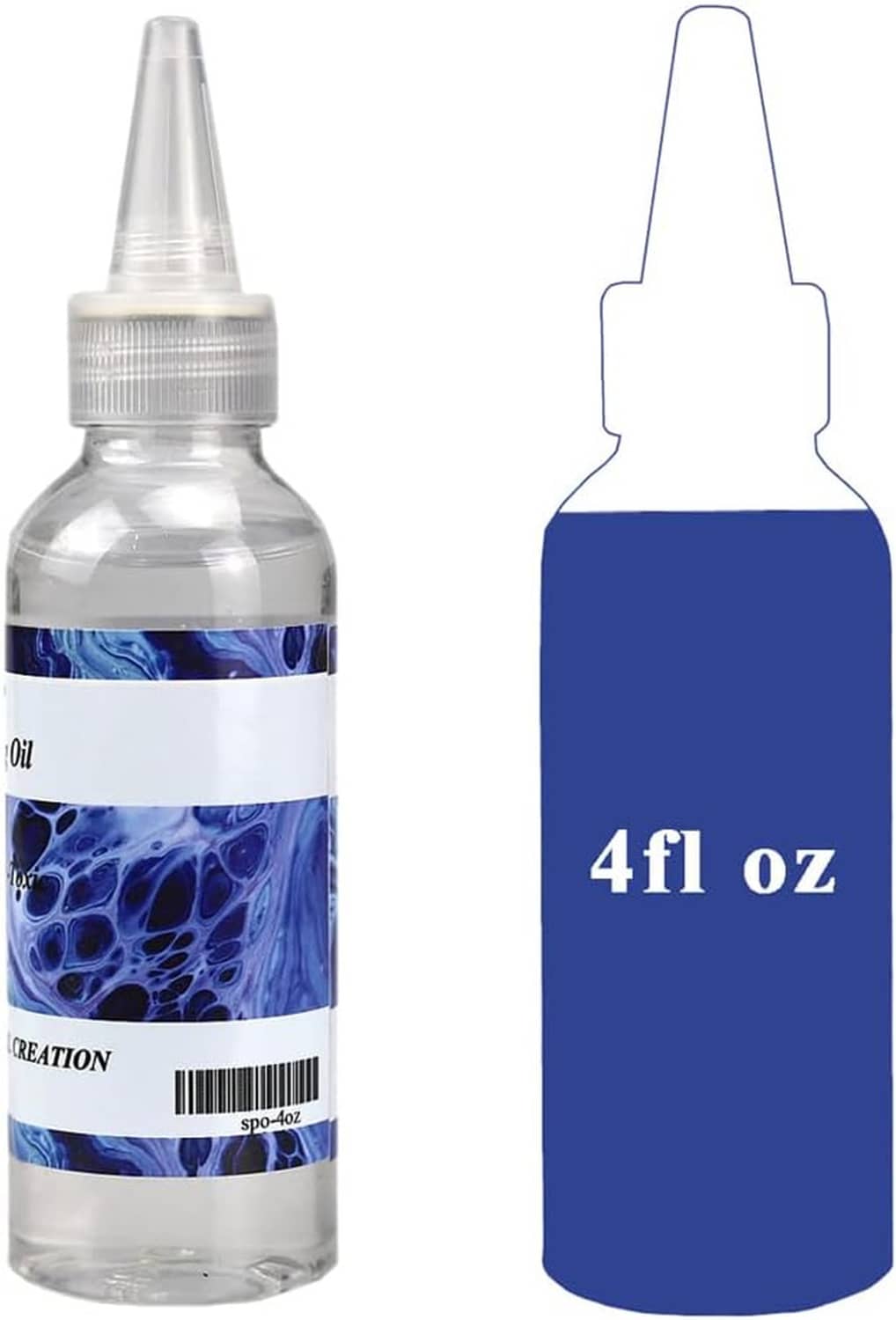 Clear silicone pouring oil bottle and blue bottle-shaped packaging graphic