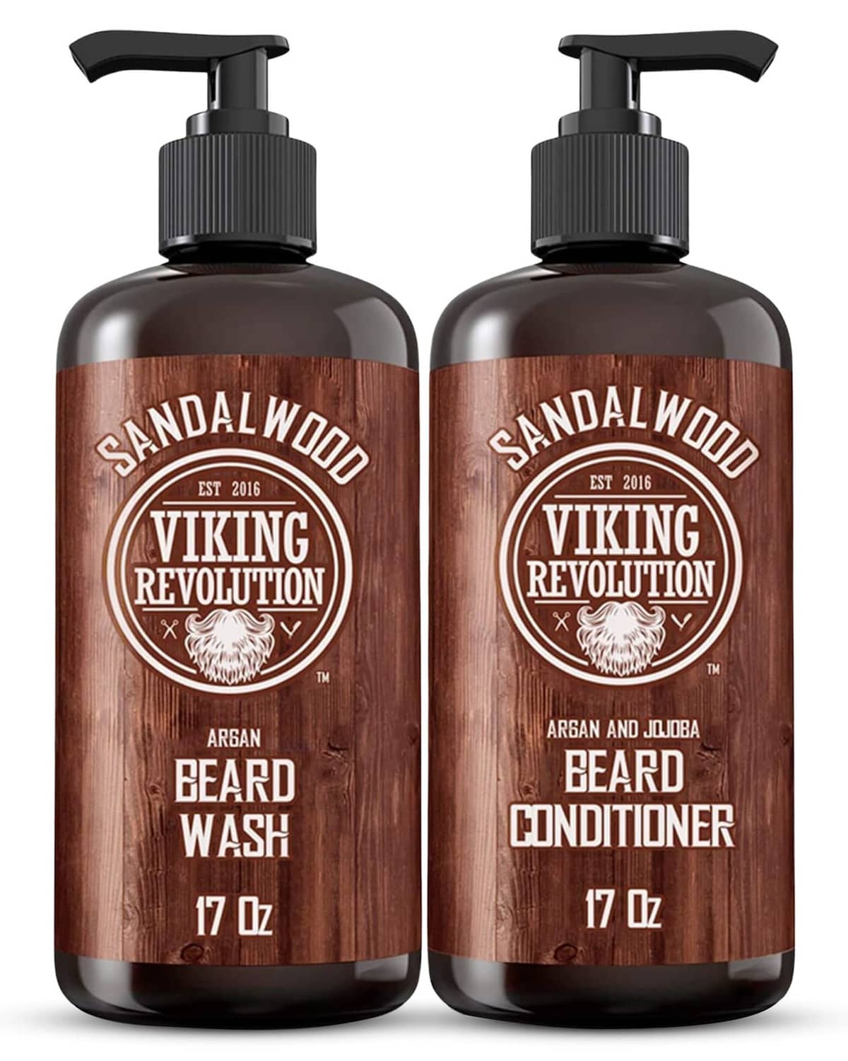 Viking Revolution Sandalwood beard wash and conditioner bottles, two 17 fl oz