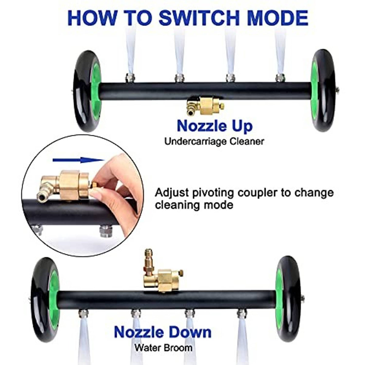 Undercarriage pressure washer attachment with adjustable nozzle tips and green wheels