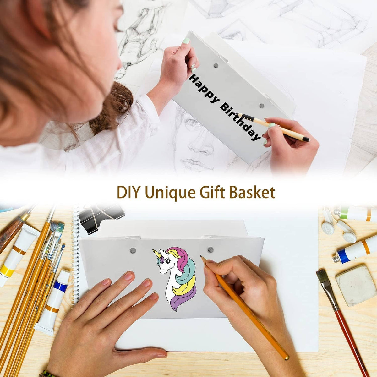 White gift basket being decorated with a unicorn sticker