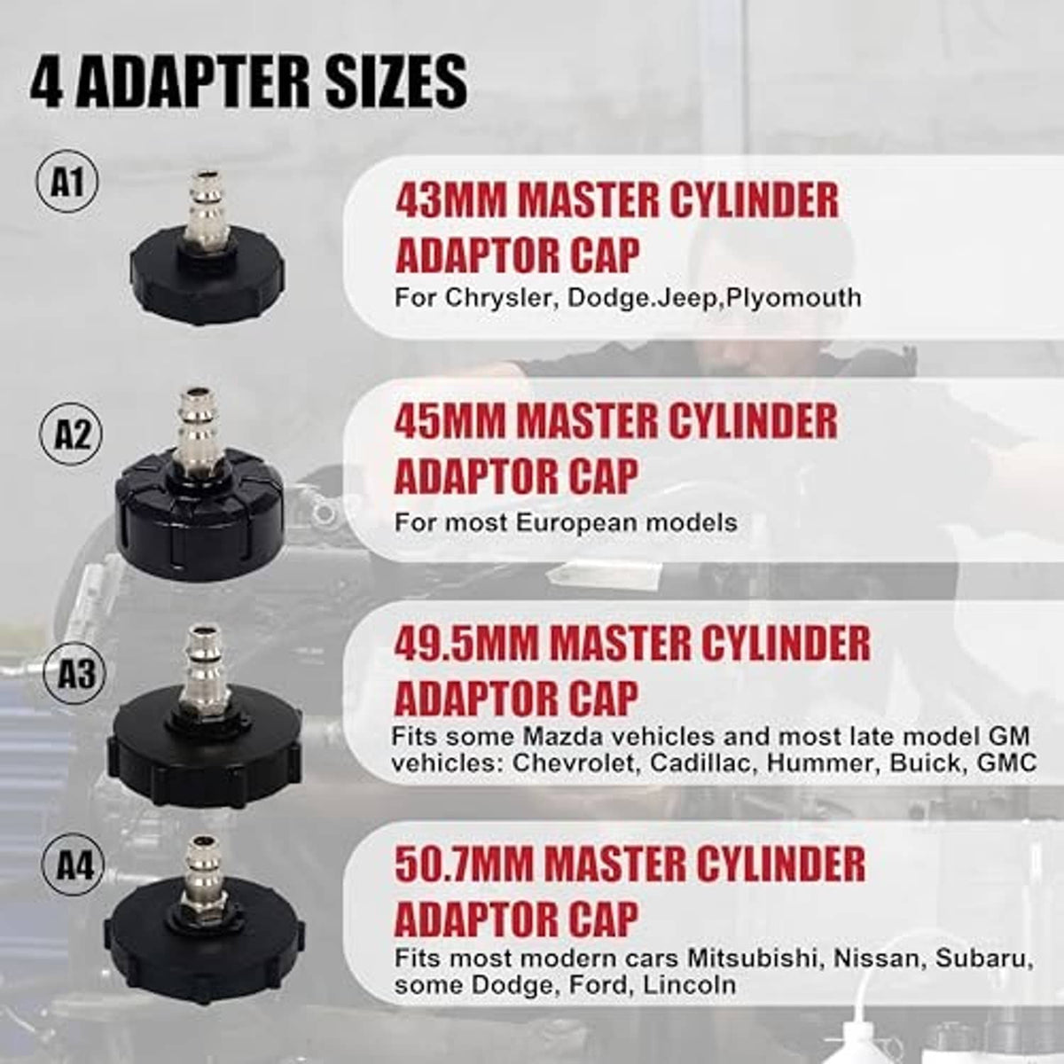 Brake master cylinder adapter caps set: 43mm, 45mm, 49.5mm, and 50.7mm