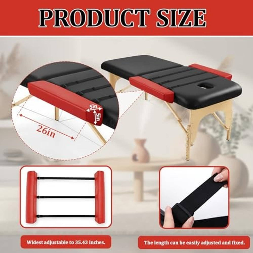 Red massage table arm rest bolsters shown with size measurement highlights