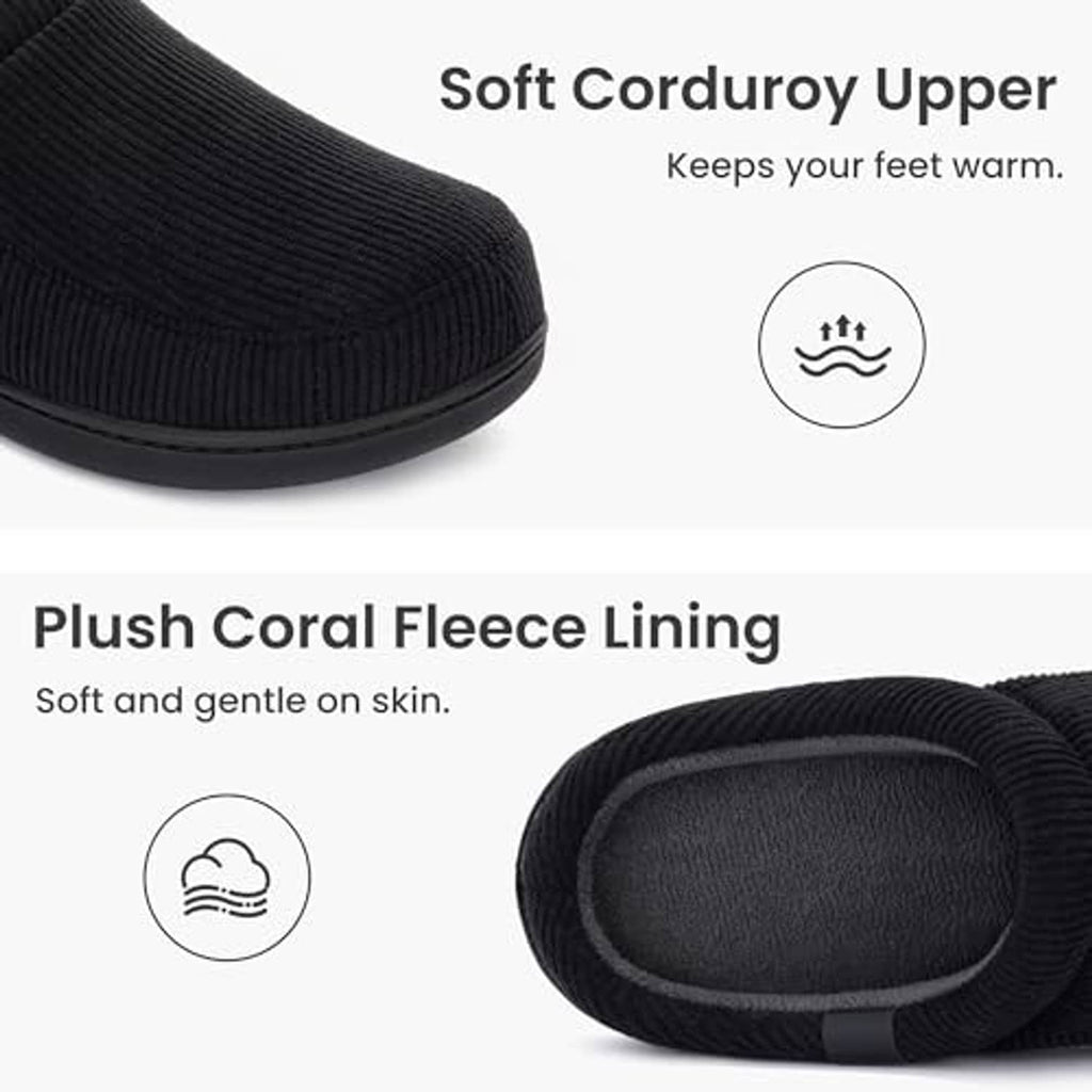 Black corduroy slip-on slipper with plush fleece-lined interior and thick cushioned sole
