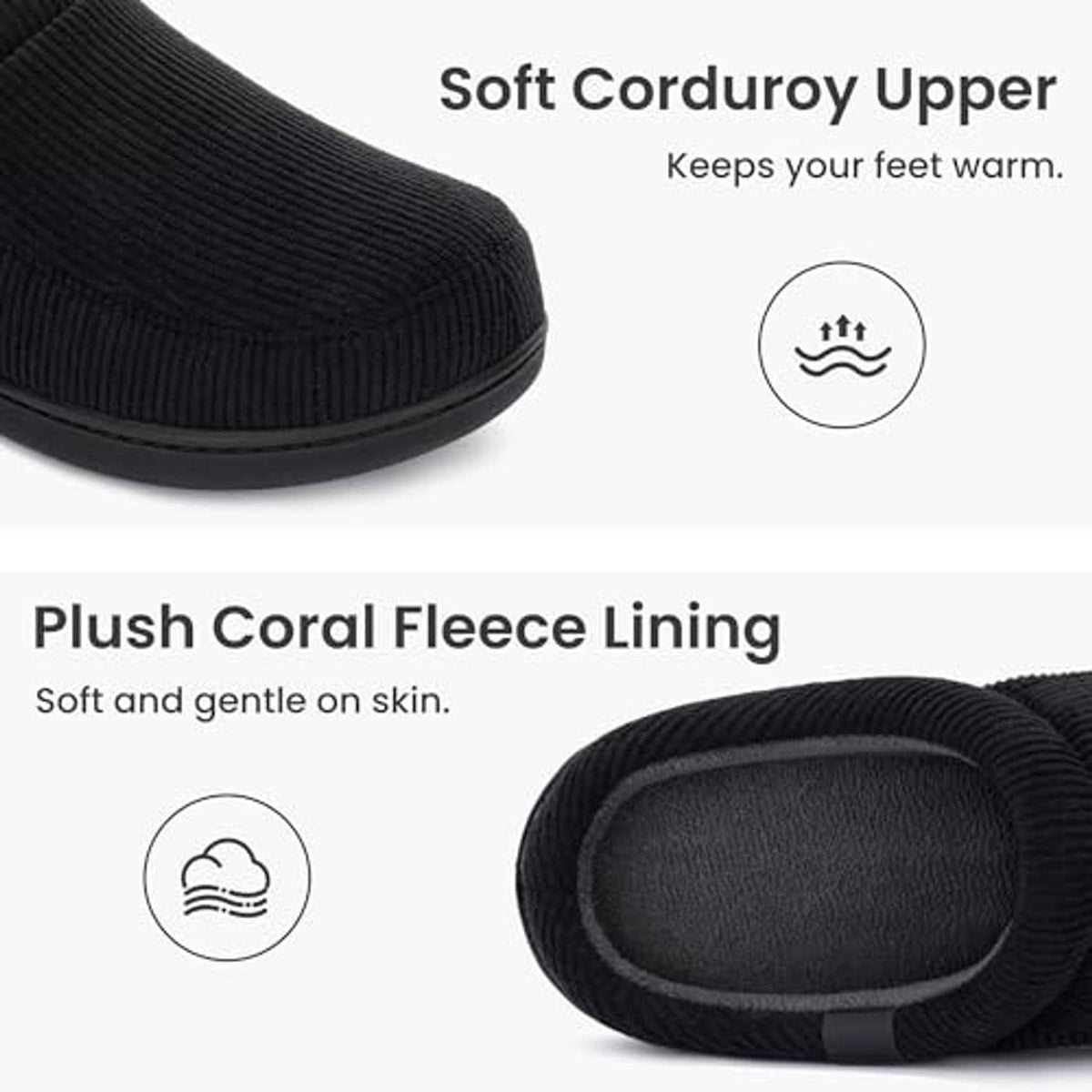 Black corduroy slip-on slipper with plush fleece-lined interior and thick cushioned sole