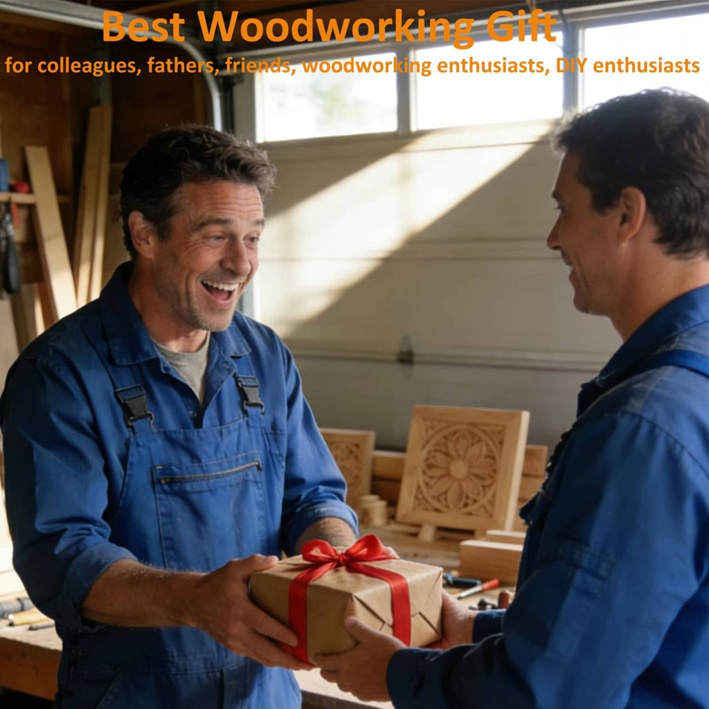 Ribbon-wrapped gift handed between woodworkers in a workshop