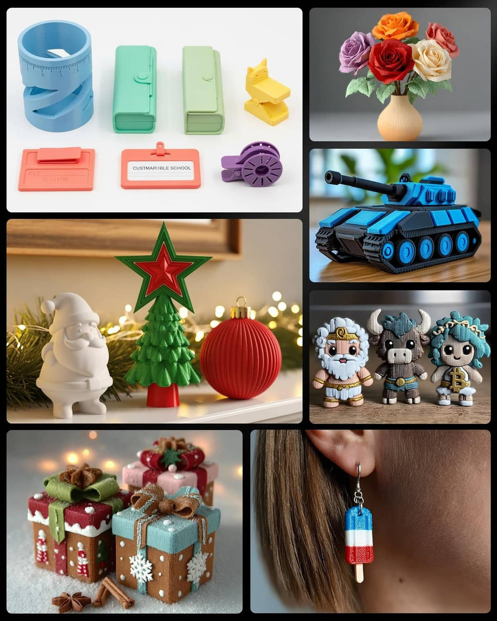 Assorted PETG 3D prints: containers, small shapes, flowers, tank, ornaments, and figurines