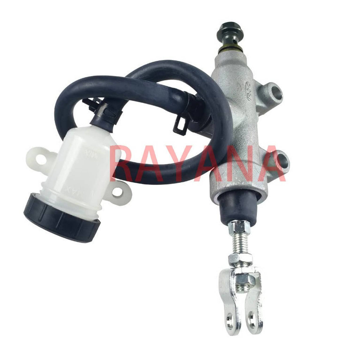 Rear brake master cylinder with white reservoir, black hose, and metal outlet bracket
