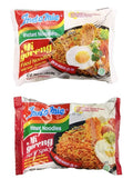 Indomie Mi Goreng instant noodle packets, red and green spicy, with egg topping