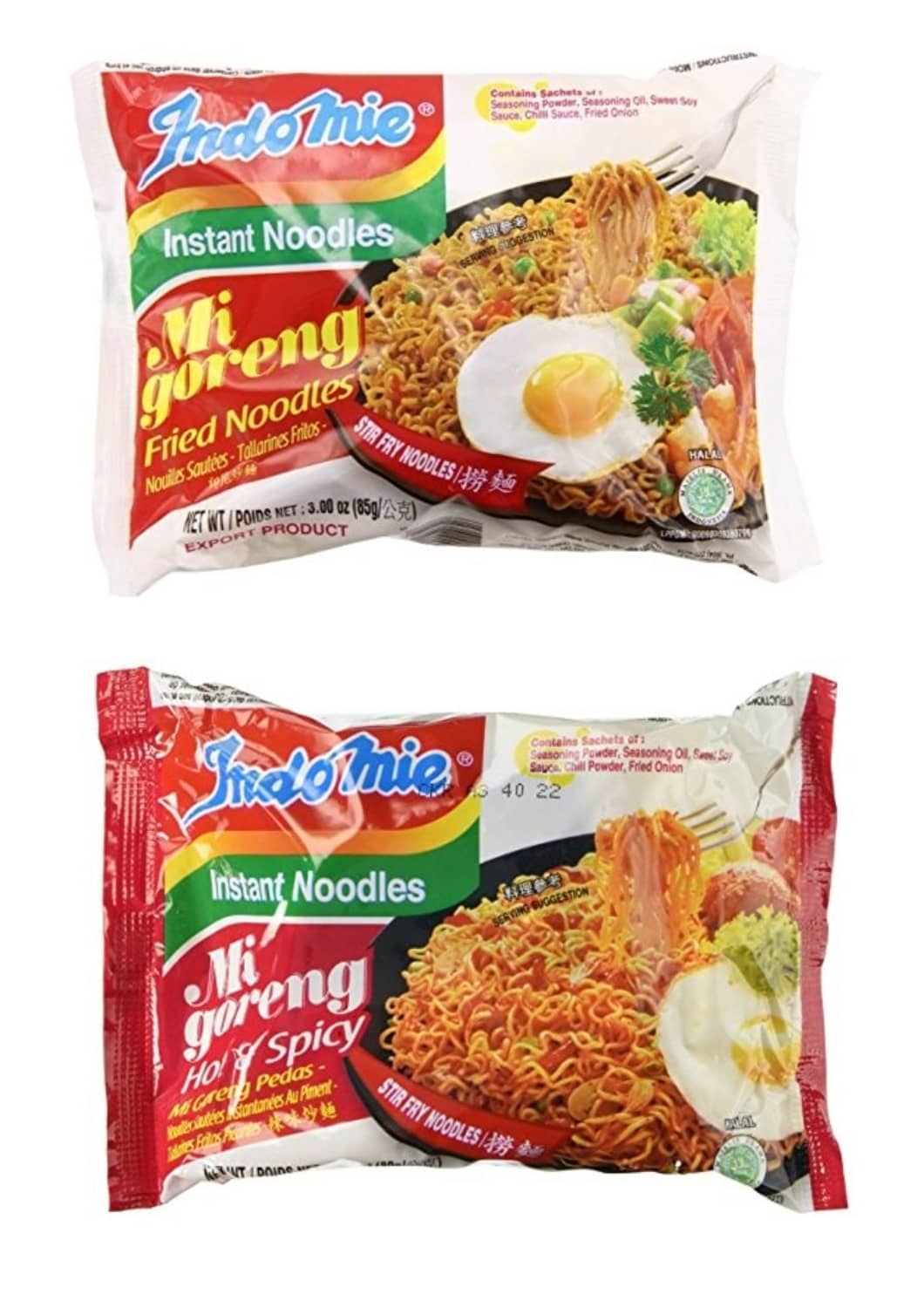 Indomie Mi Goreng instant noodle packets, red and green spicy, with egg topping