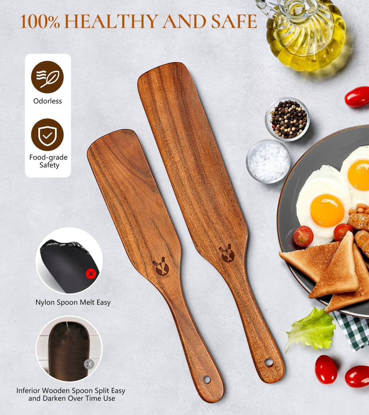 Natural wooden spurtles set of 2 with smooth spoon ends and dark grain