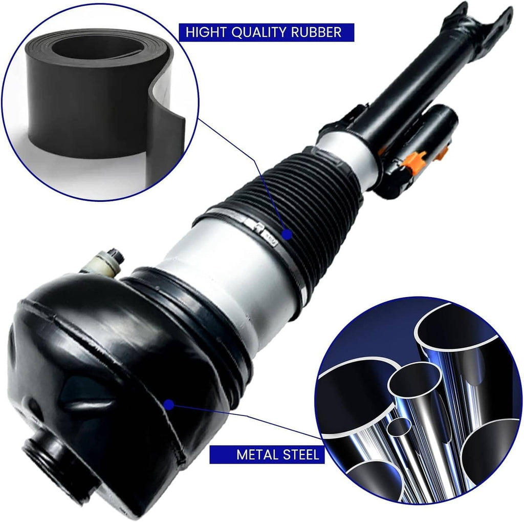 Air suspension shock strut with black rubber air spring bellows and metallic cylinder