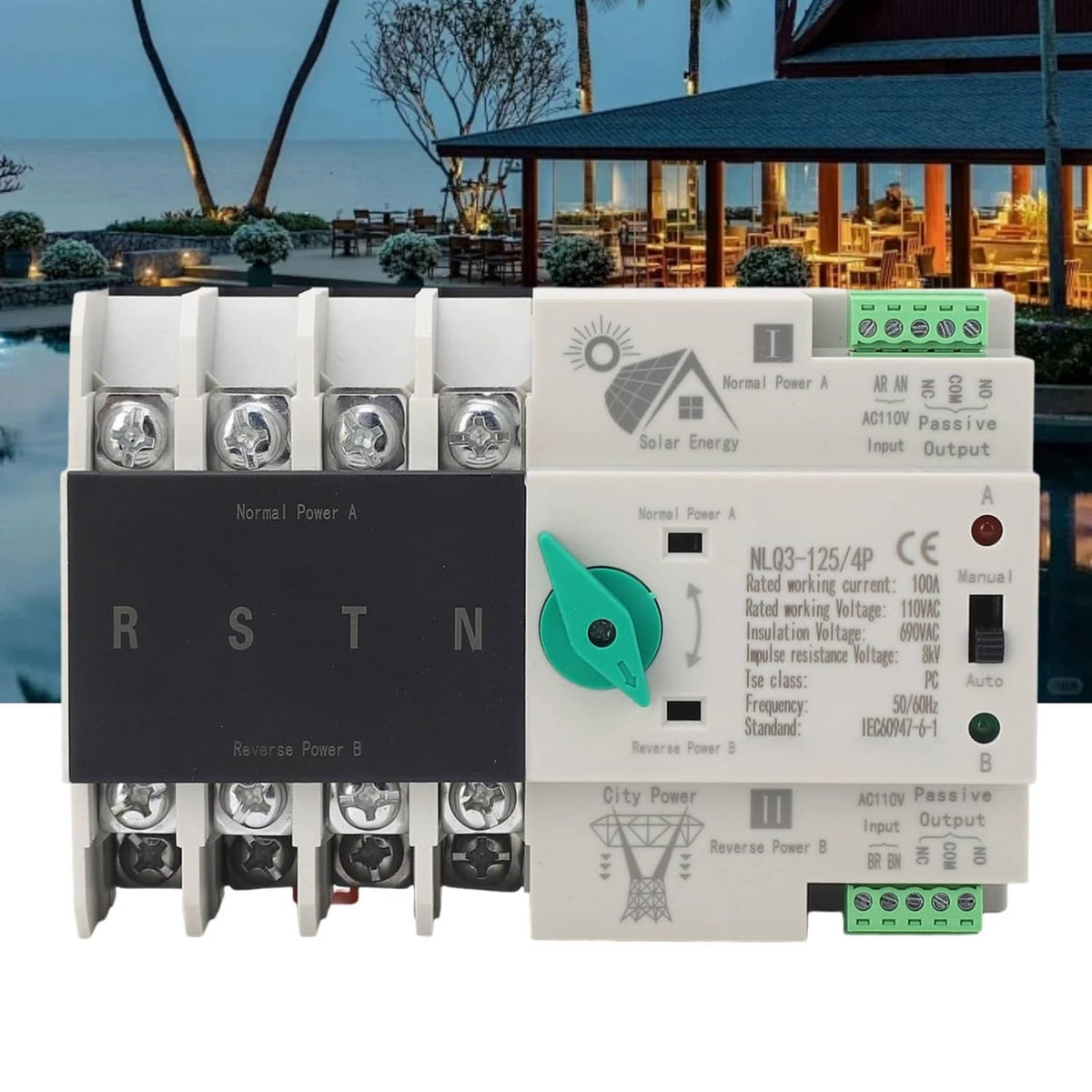 4P automatic transfer switch with terminal blocks and green selector switch