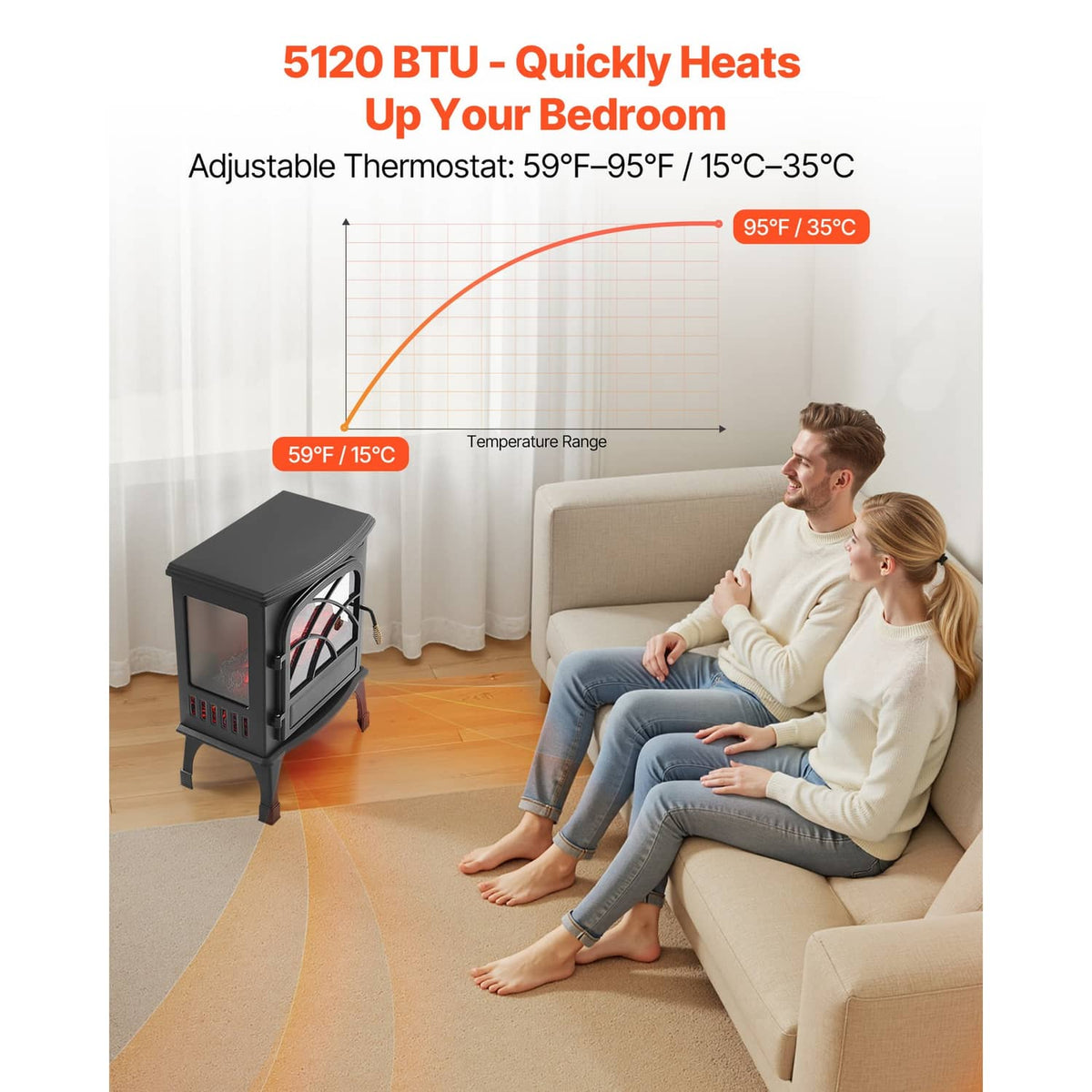 Black freestanding electric fireplace heater with red flame effect and vented base