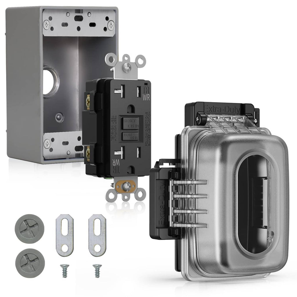 Outdoor GFCI outlet components with gray cover frame, screws and black module