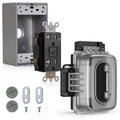 Outdoor GFCI outlet components with gray cover frame, screws and black module