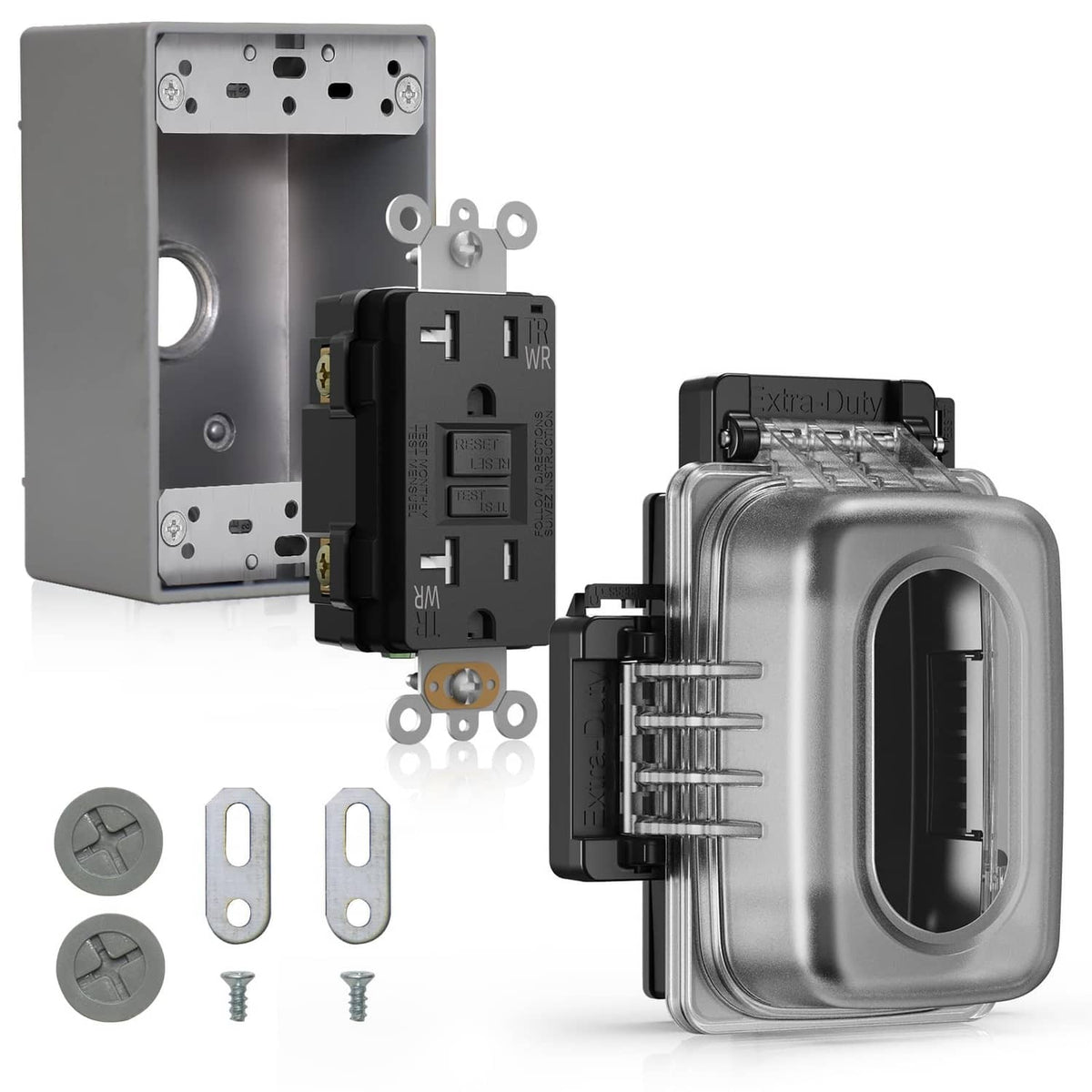 Outdoor GFCI outlet components with gray cover frame, screws and black module