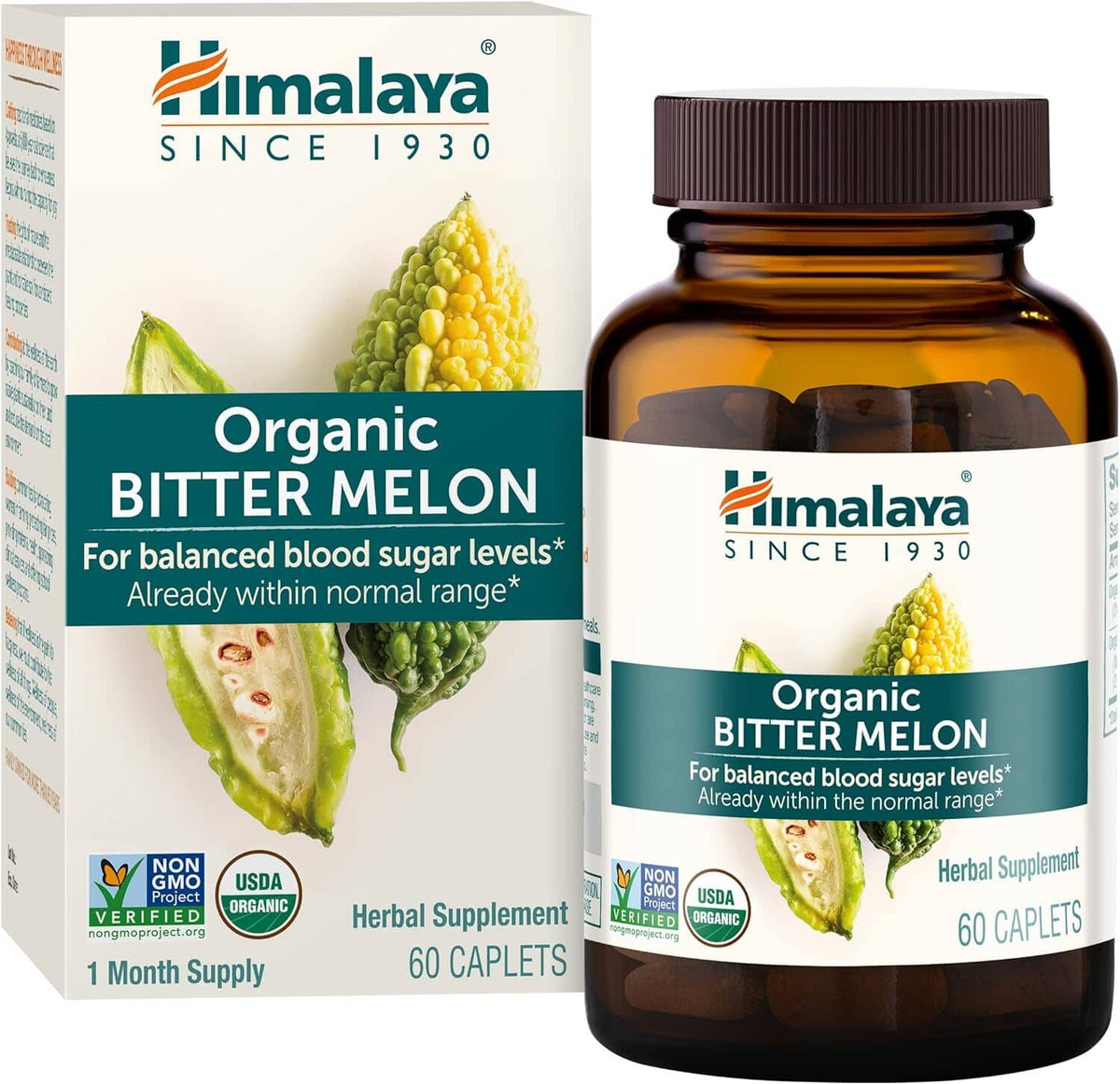 Organic bitter melon supplement bottle with label and accompanying product box