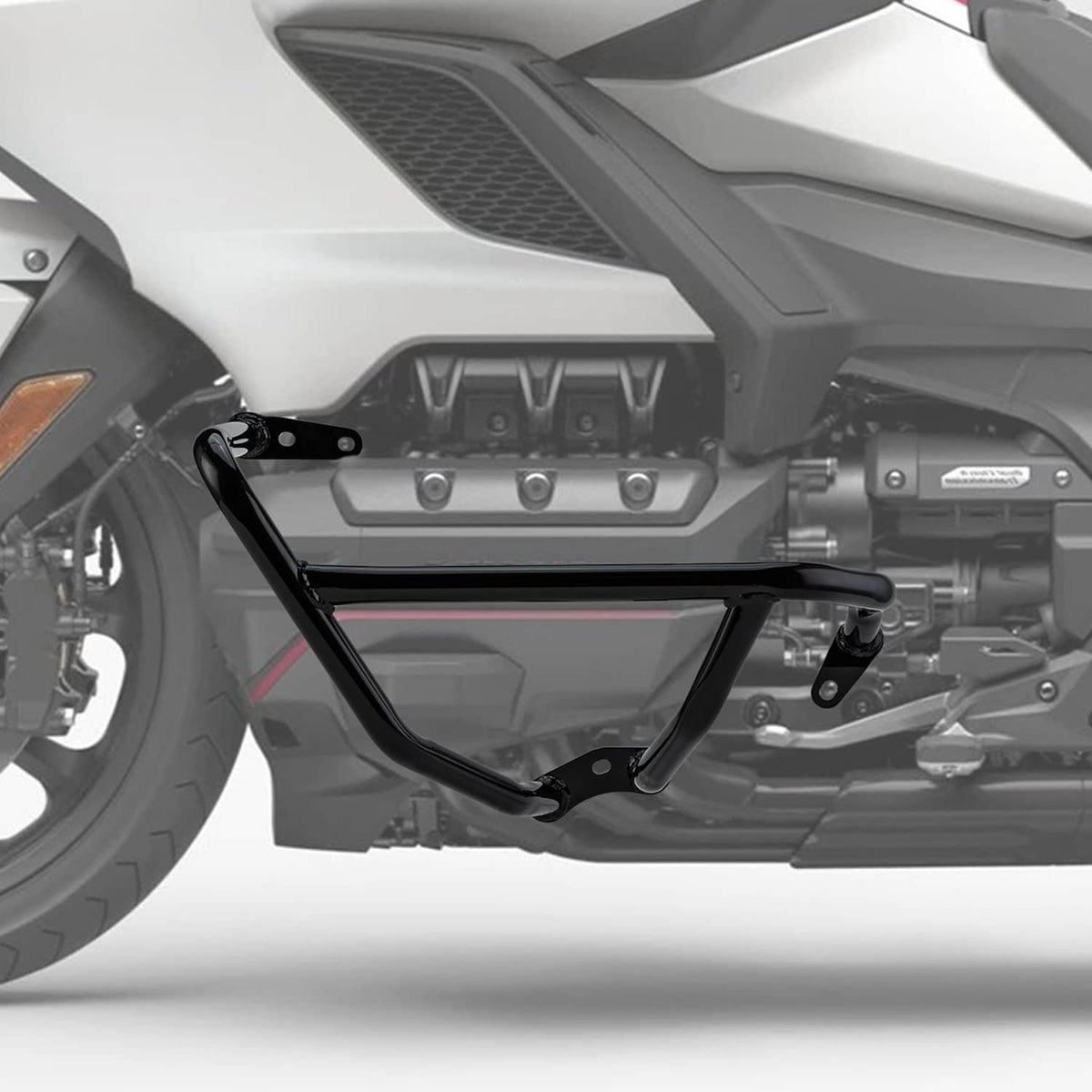 Black crash bar mounted on motorcycle engine area, with front mounting points