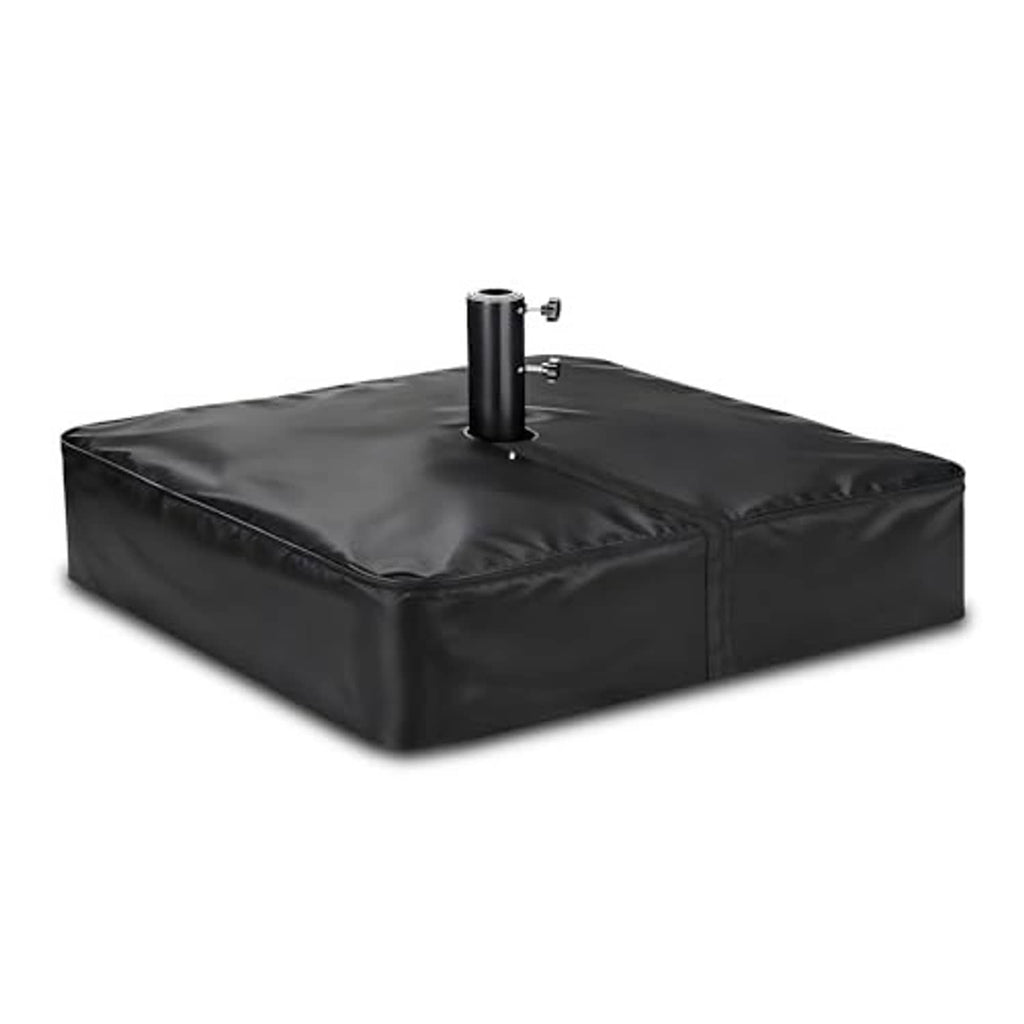 Black rectangular umbrella base cover with central pole opening and stitched edges.