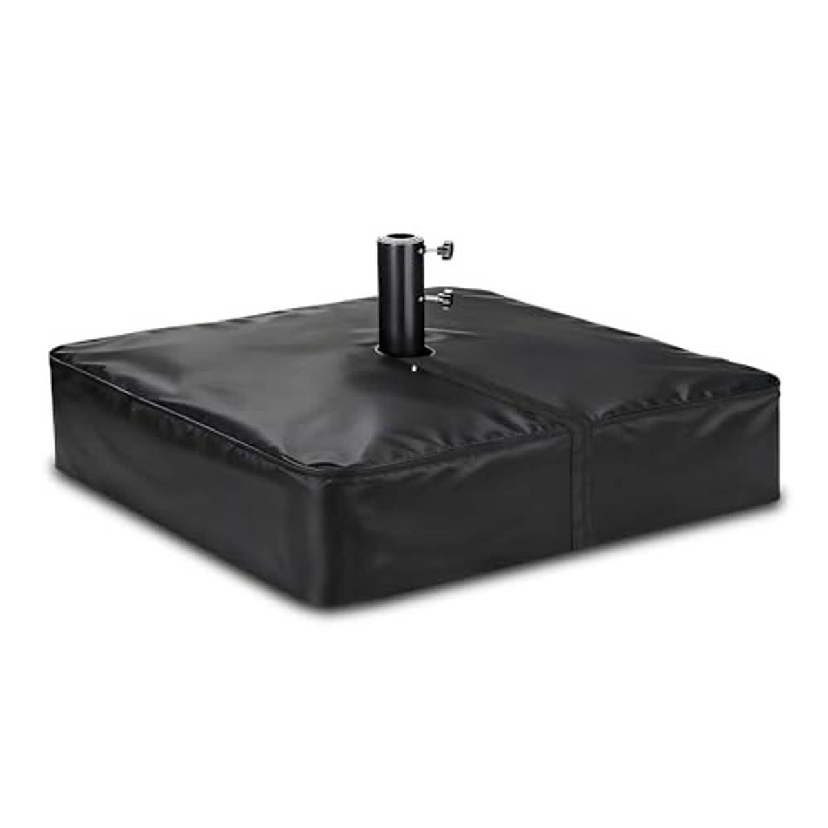 Black rectangular umbrella base cover with central pole opening and stitched edges.