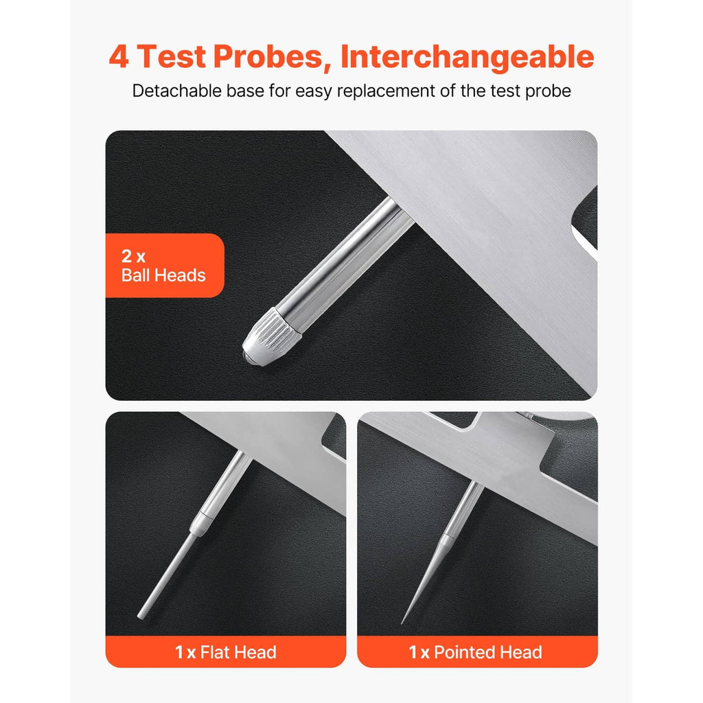 Depth micrometer kit with four interchangeable test probes and ball and flat tips