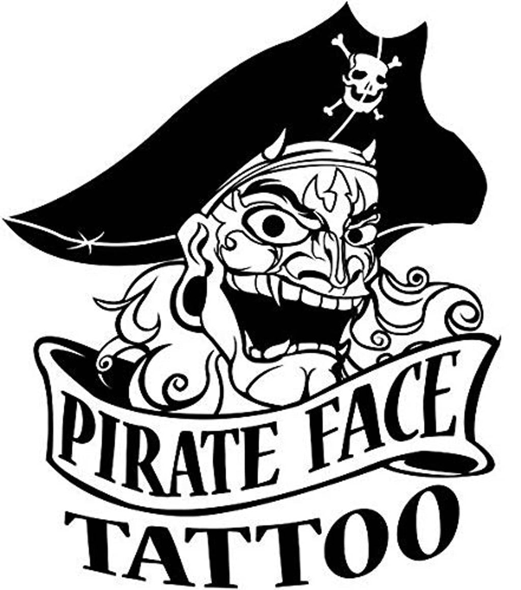 Pirate face tattoo transfer design with bold “PIRATE FACE TATTOO” lettering
