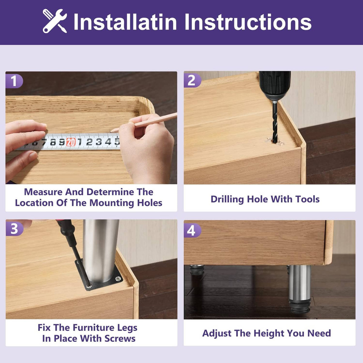 Stainless steel furniture leg installed under a wooden cabinet with adjustable base
