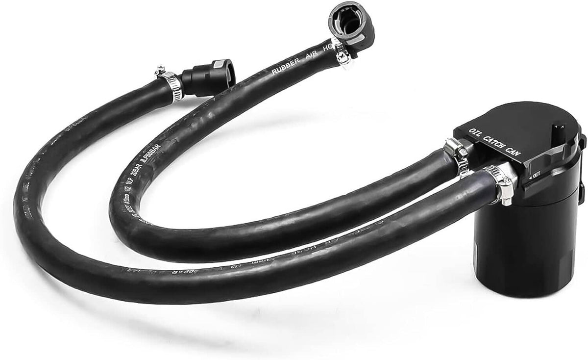 Black oil catch can with two hoses, threaded fittings, and side mounting bracket