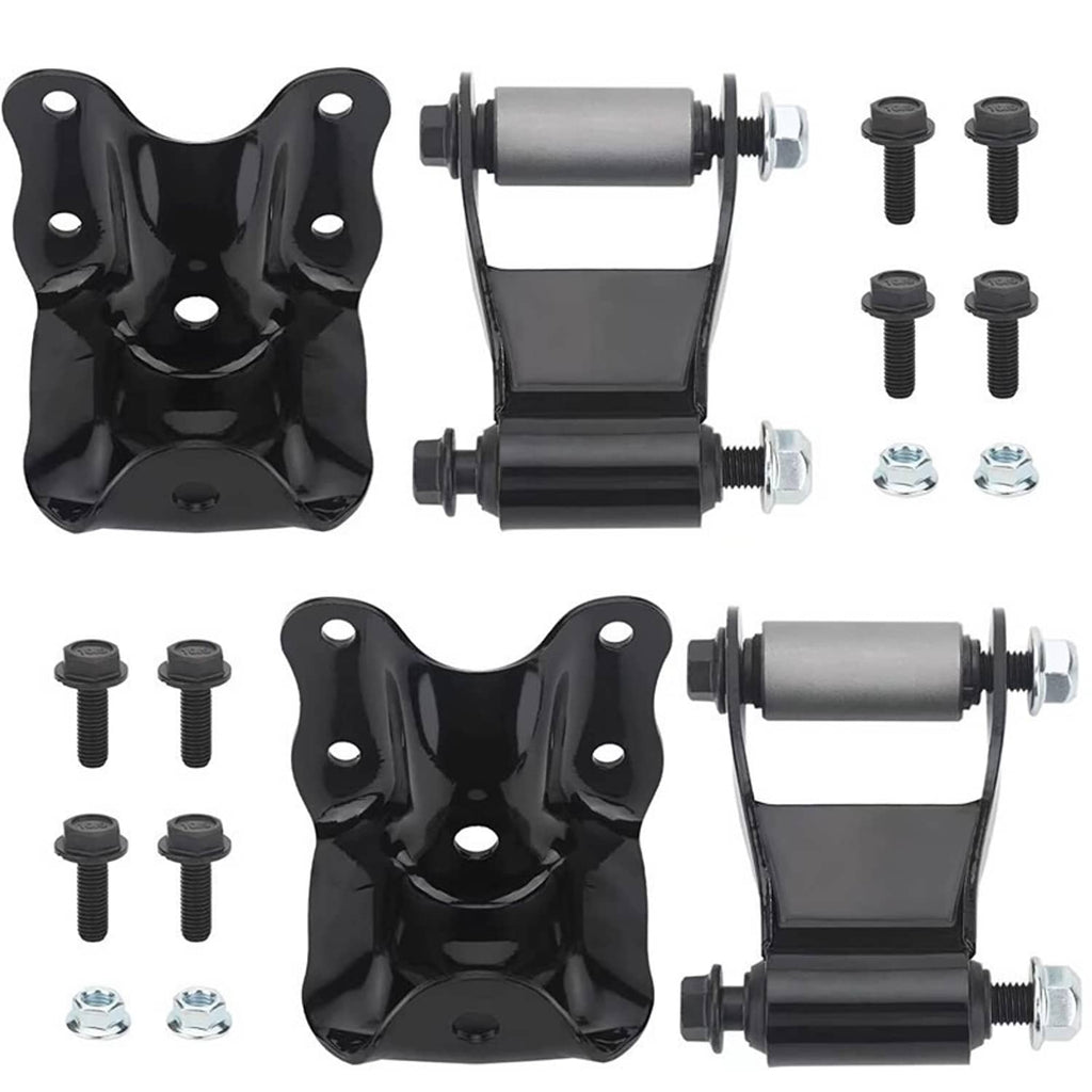 Pair of black rear leaf spring hanger brackets with shackles and mounting hardware
