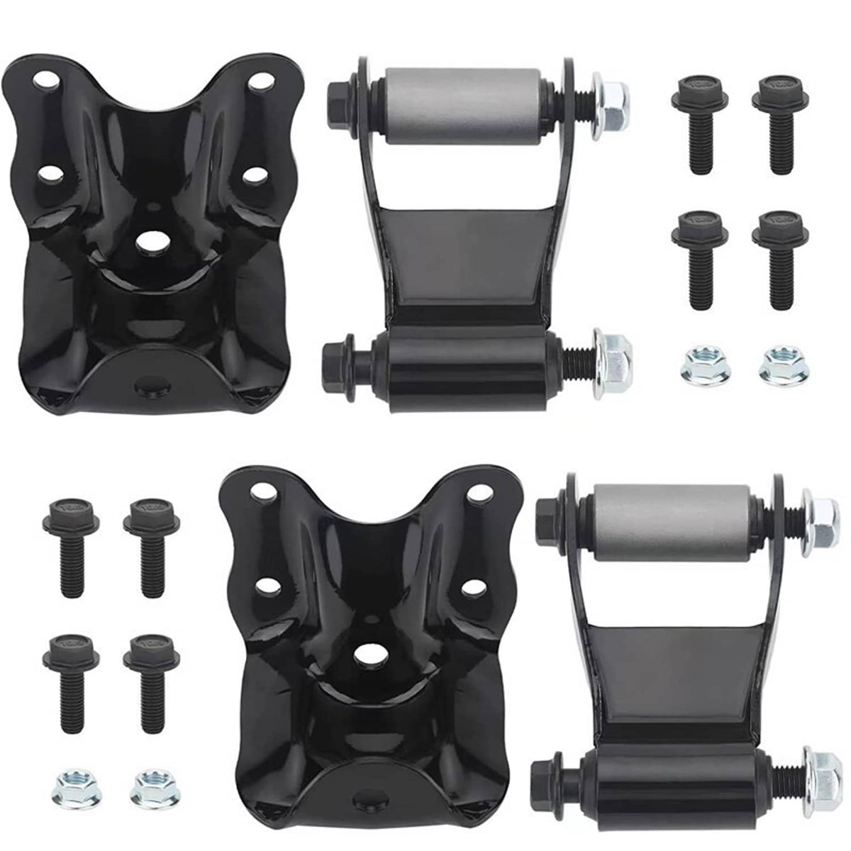 Pair of black rear leaf spring hanger brackets with shackles and mounting hardware