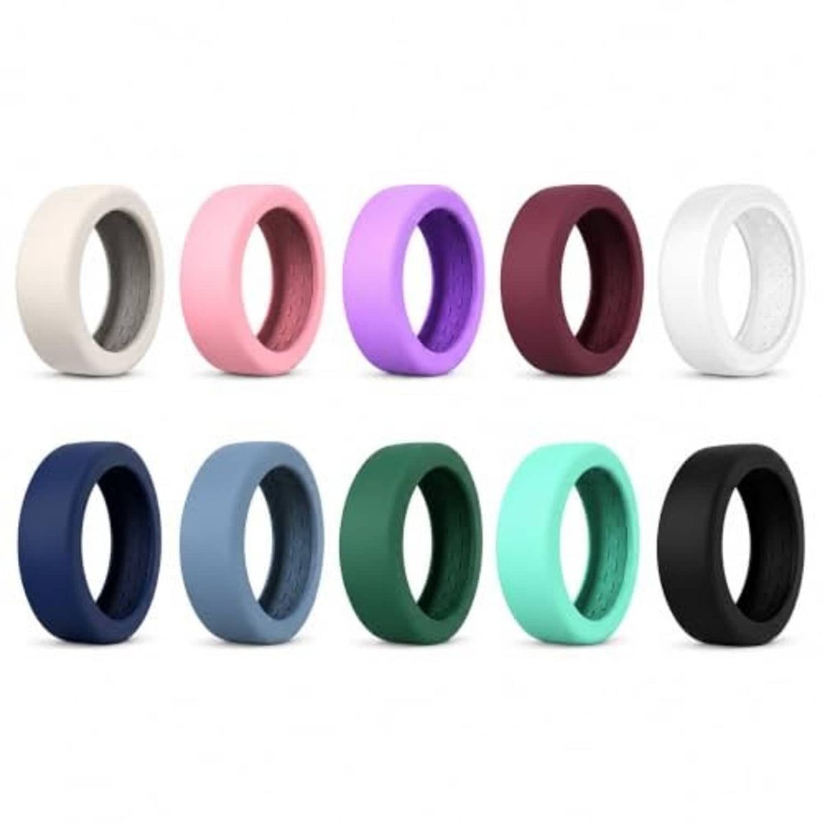 10-pack silicone ring covers showing colors: cream, pink, violet, burgundy, black, and teal