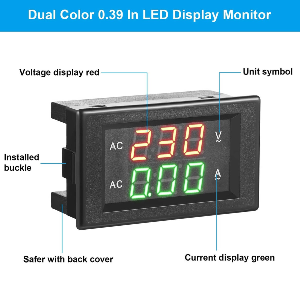 Black dual-display volt-amp meter with red AC voltage 230 and green AC current 0.00 readings.