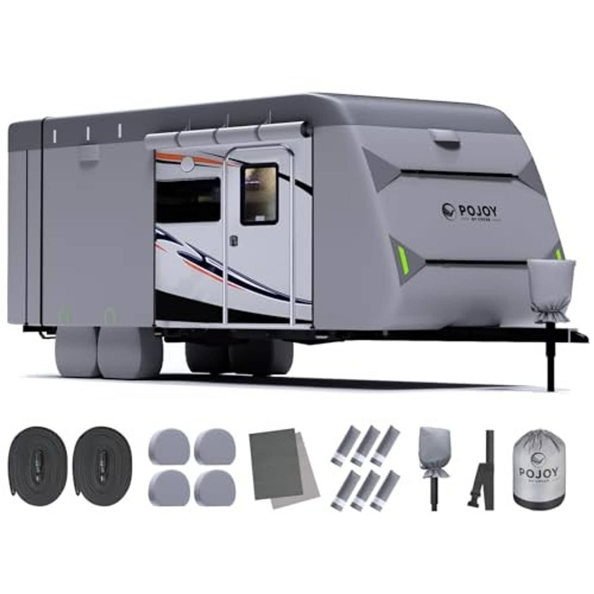 Gray RV travel trailer cover with included straps, buckles, and door and accessory covers