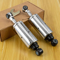 Chrome adjustable lowering shock absorbers, pair with black lower bushings and mounting caps