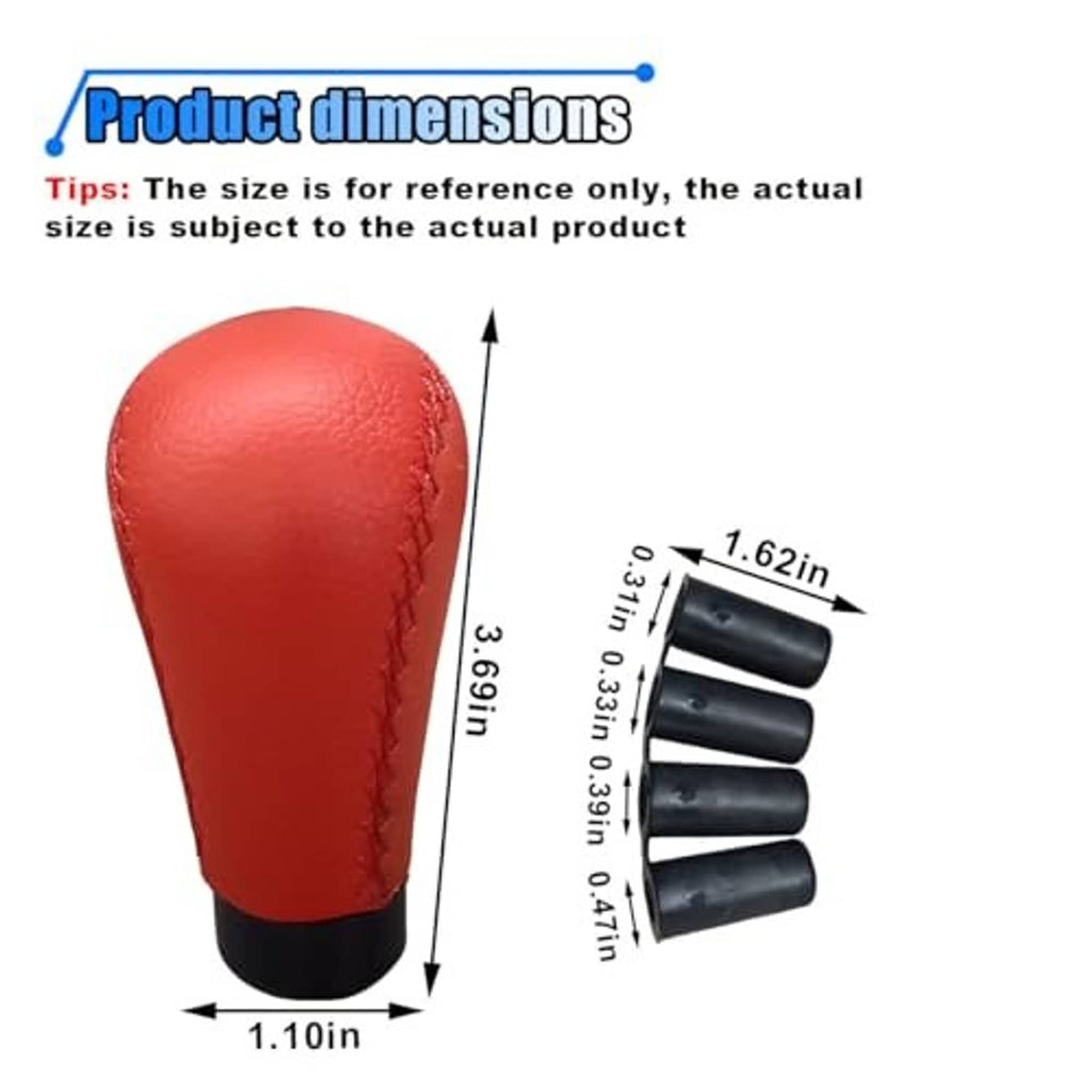 Red leather shift knob shown with size diagram and black gear cap set