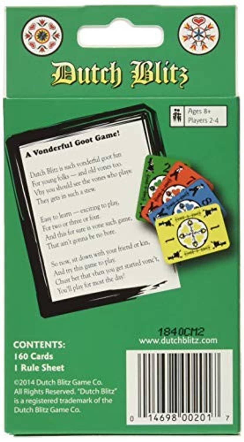 Dutch Blitz green game box back with rules text and expansion pack contents