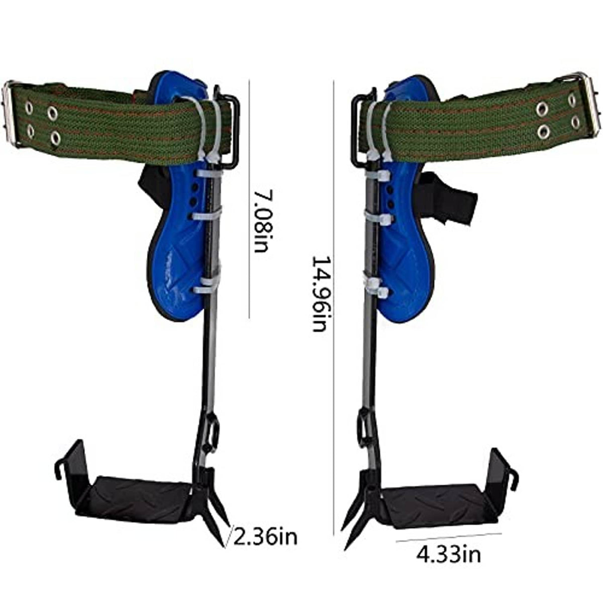Tree climbing spikes tool with blue leg guard, green fabric strap, black base and claws