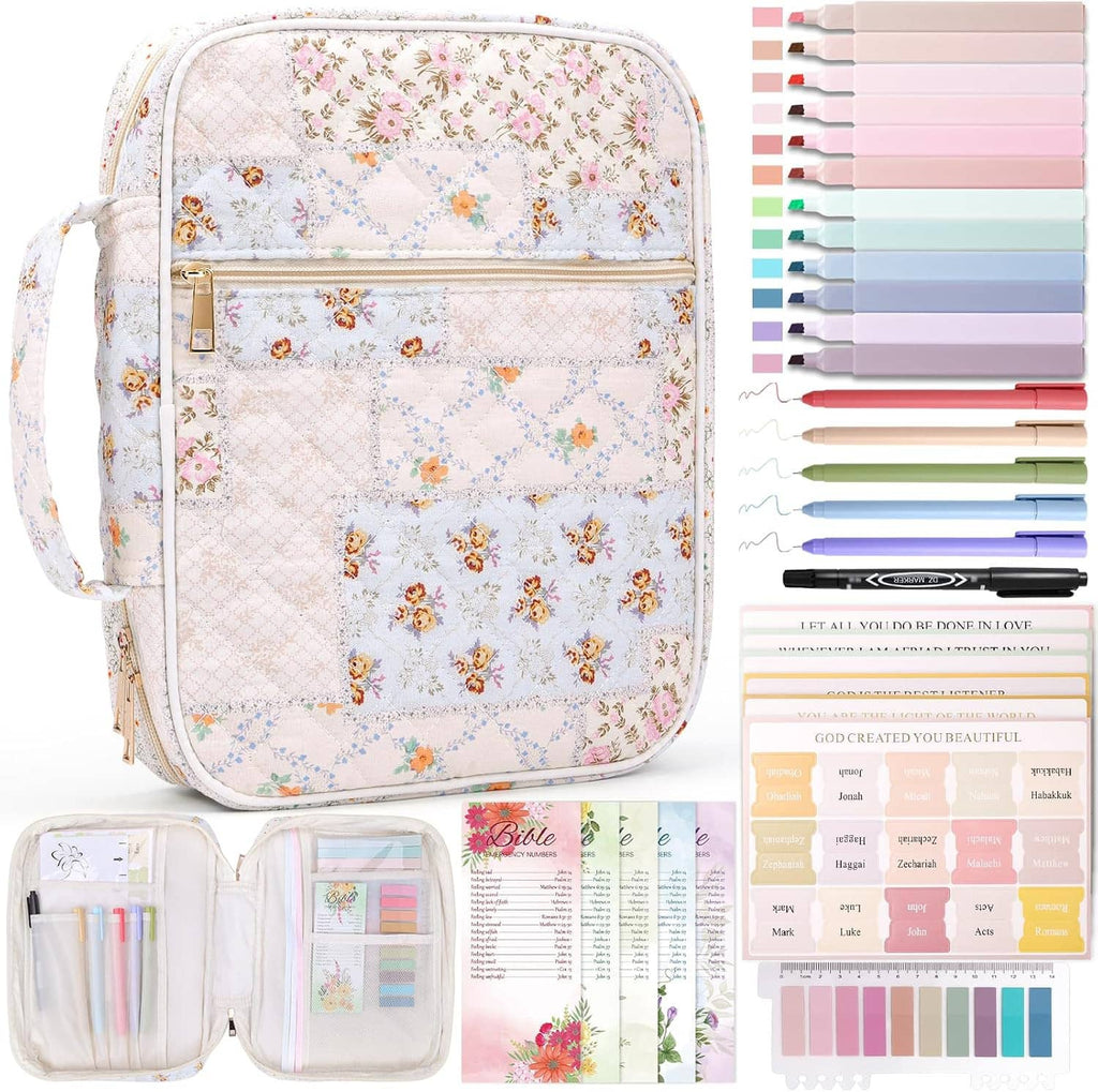 Floral patterned Bible cover case with zippered front pocket and side handle, light fabric