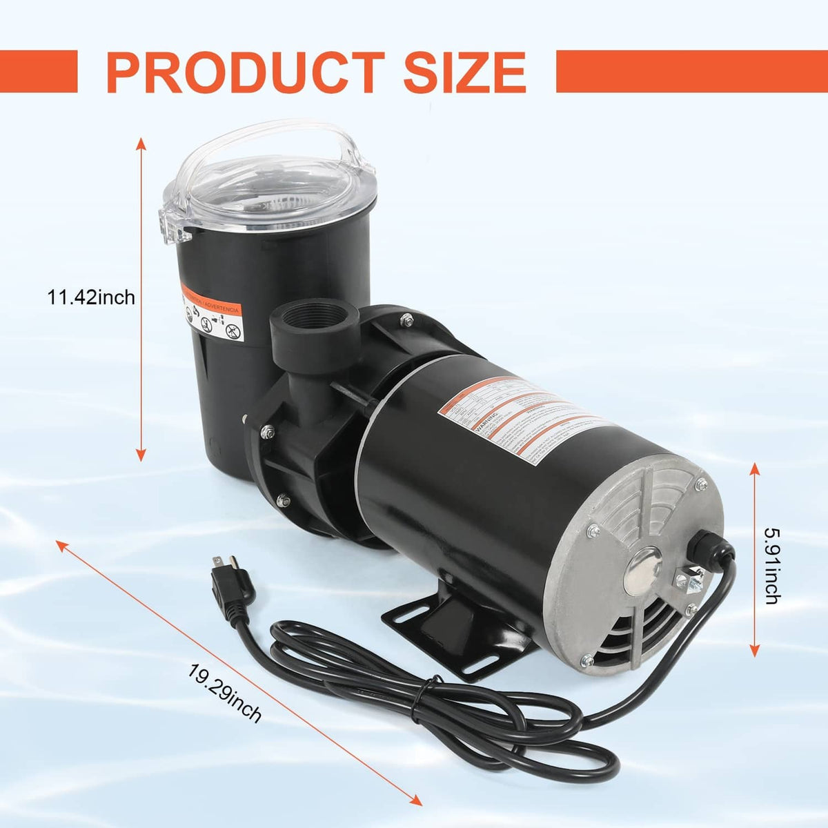 Black pool pump with transparent strainer housing and attached power cord, side view