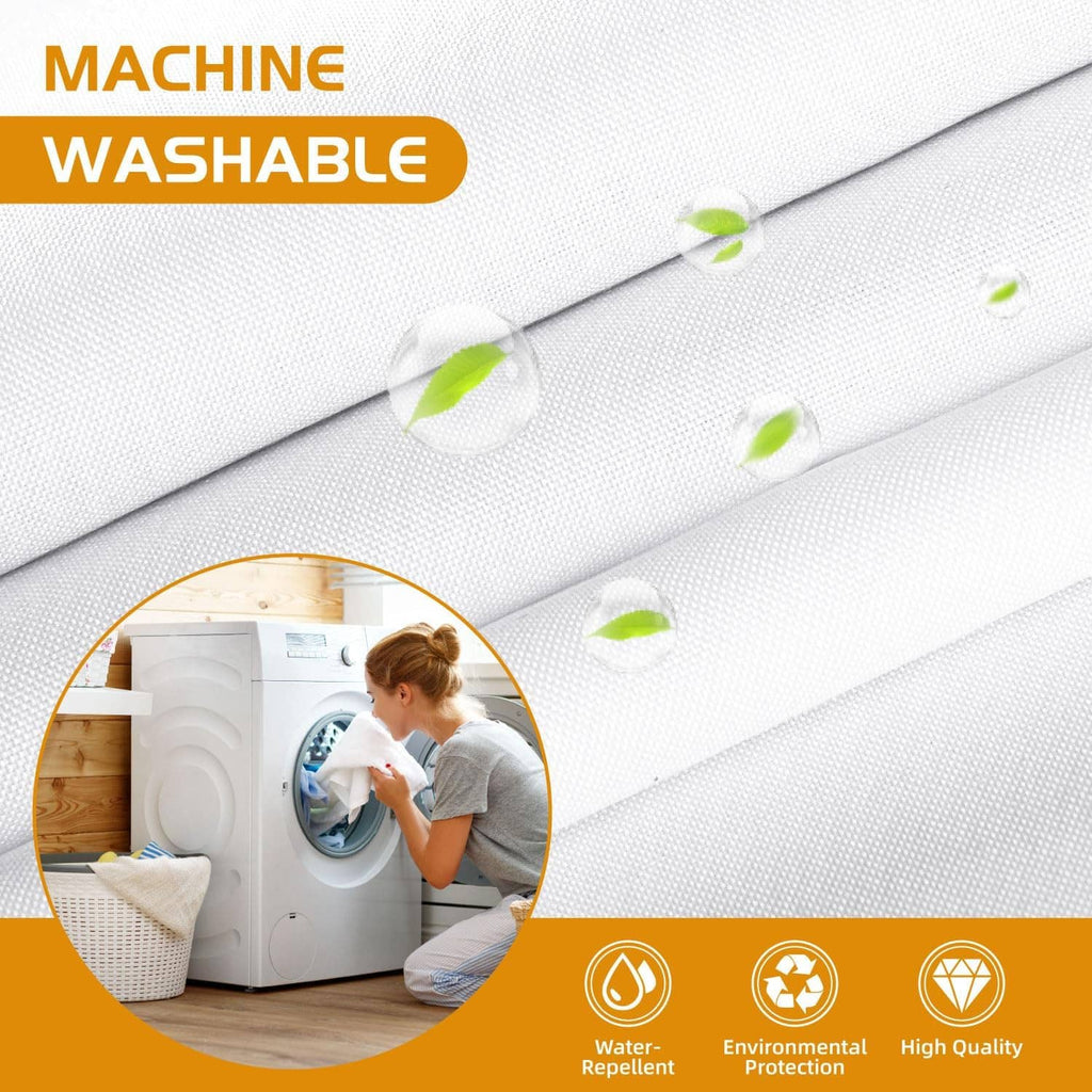 White shower curtain liner fabric close-up with snap-in top panel