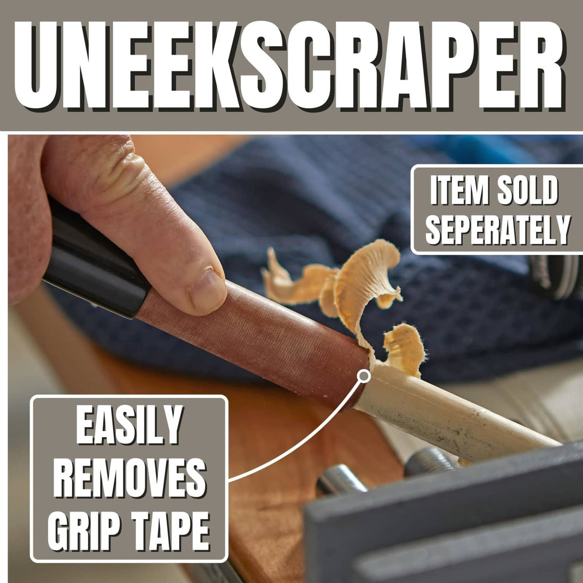 Golf club grip with removed grip tape pieces, showing easy tape removal