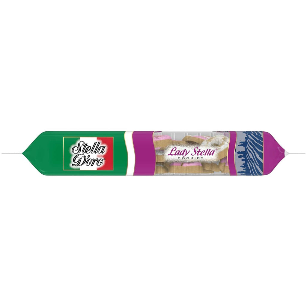 Assorted cookies roll-style package with green and purple bands and Lady Stella label