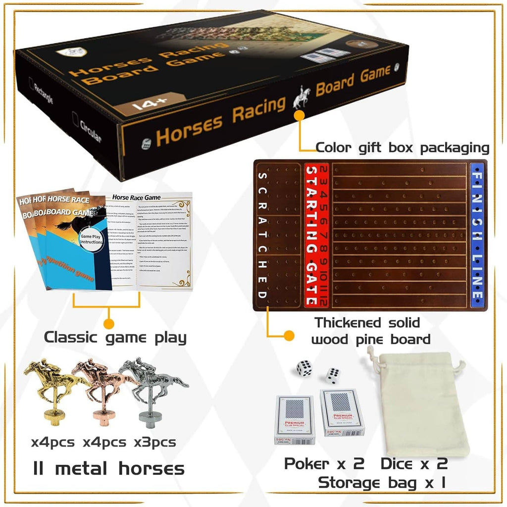 Horse racing board game gift box with scratch board, 11 metal horses, dice and storage bags