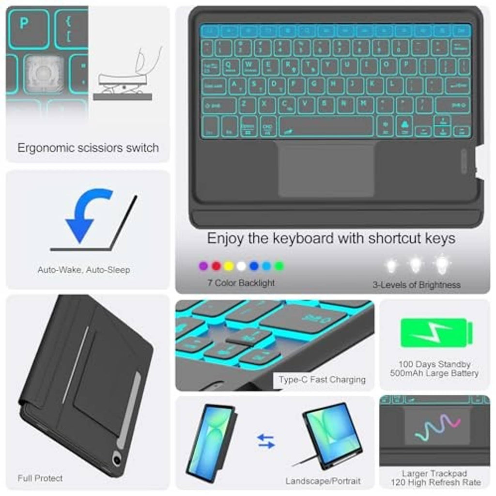 Black keyboard case with teal backlit keys, shortcut key area, and large trackpad