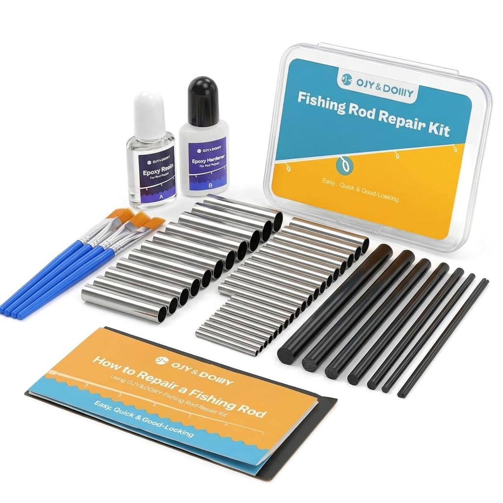 Fishing rod repair kit with epoxy bottles, carbon inserts, stainless tubes, rods, and brush