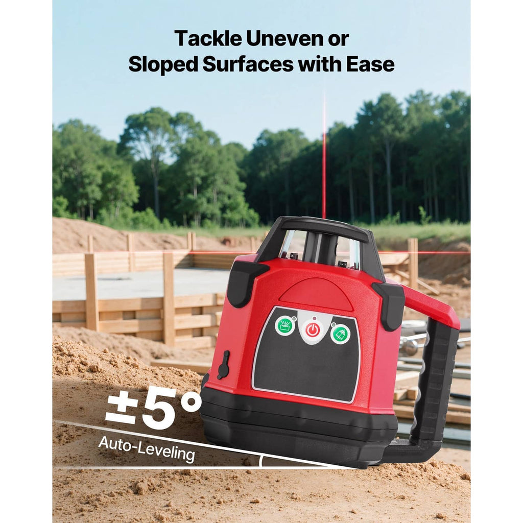 Red rotary laser level on tripod projecting a vertical red line on outdoor ground